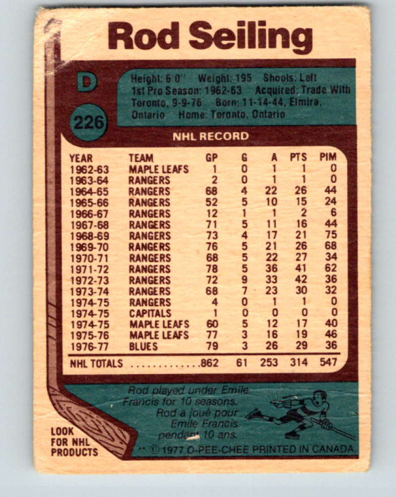 1977-78 O-Pee-Chee #226 Rod Seiling NHL Blues 9856 Image 2