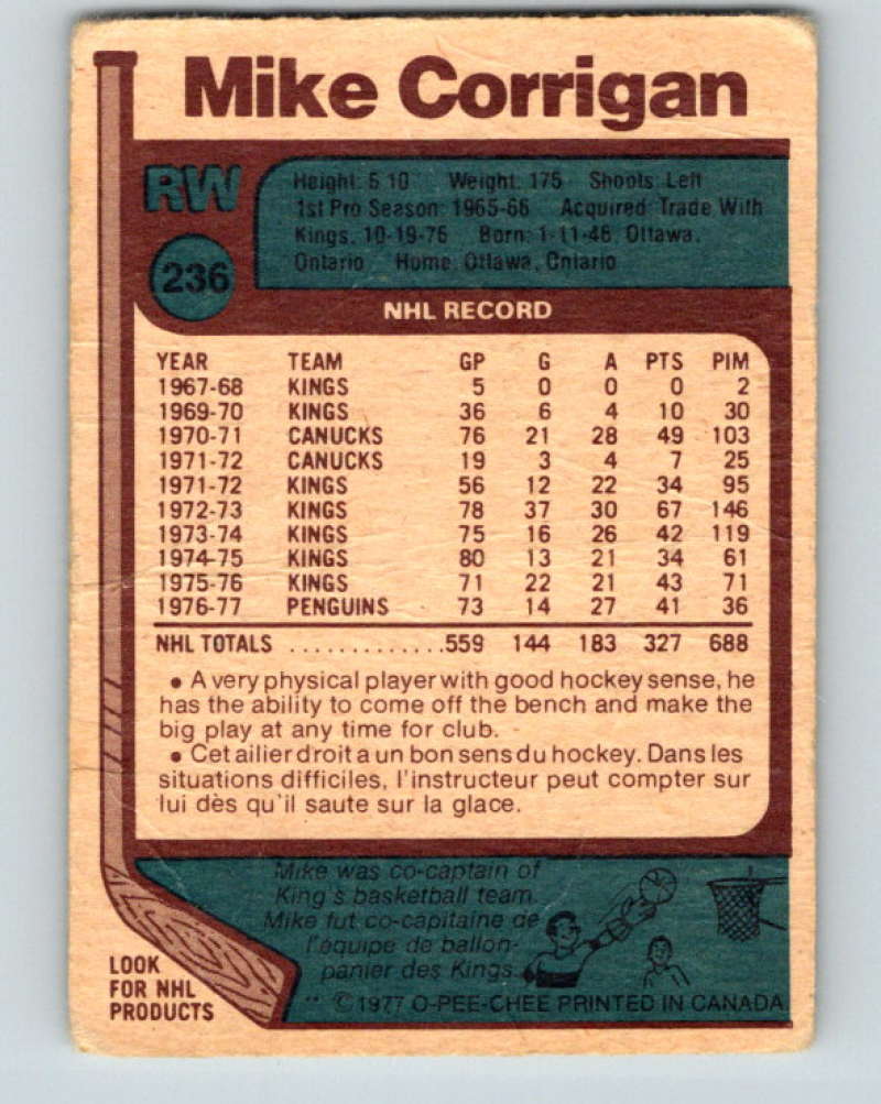 1977-78 O-Pee-Chee #236 Mike Corrigan NHL Penguins 9866 Image 2