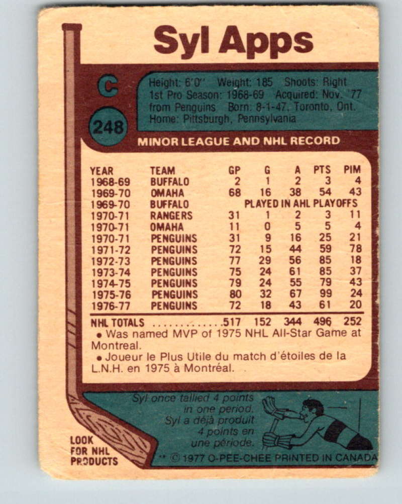 1977-78 O-Pee-Chee #248 Syl Apps Jr. NHL Kings 9878 Image 2