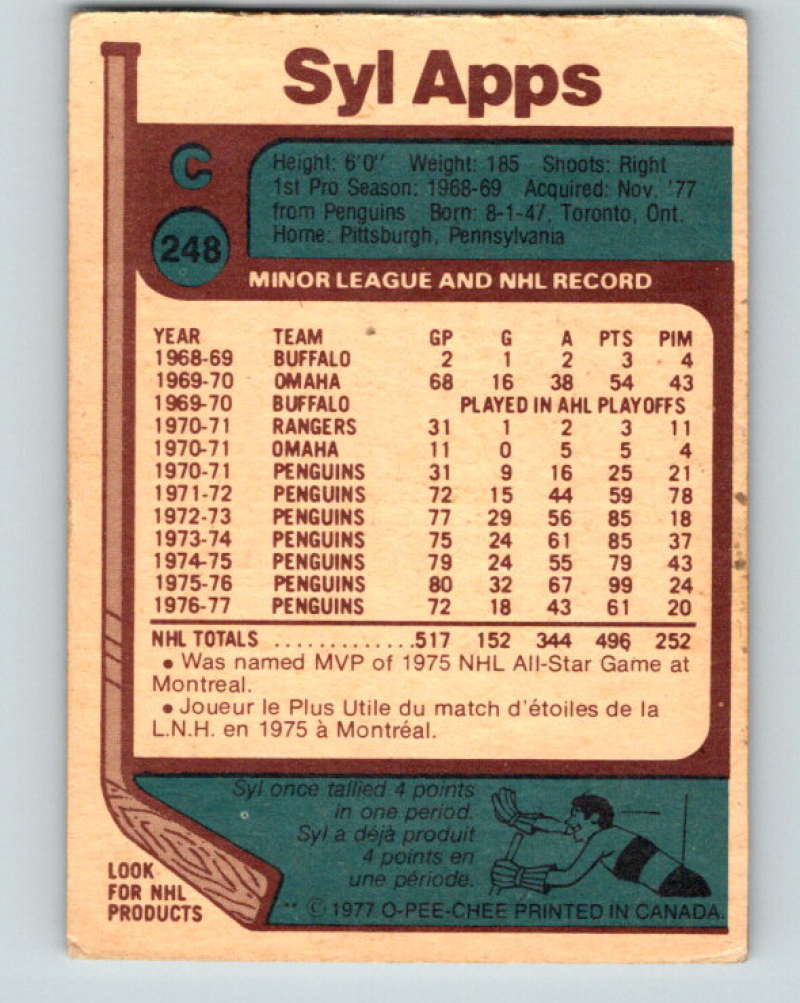 1977-78 O-Pee-Chee #248 Syl Apps Jr. NHL Kings 9879 Image 2