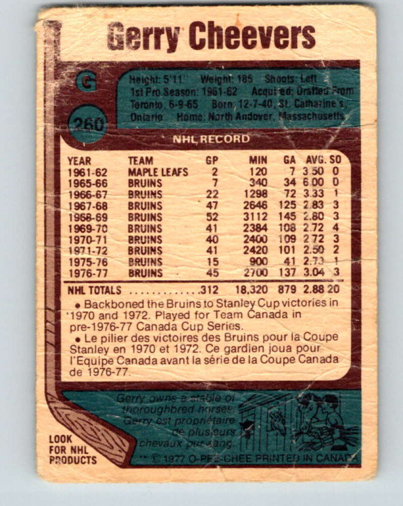 1977-78 O-Pee-Chee #260 Gerry Cheevers NHL Bruins 9893 Image 2