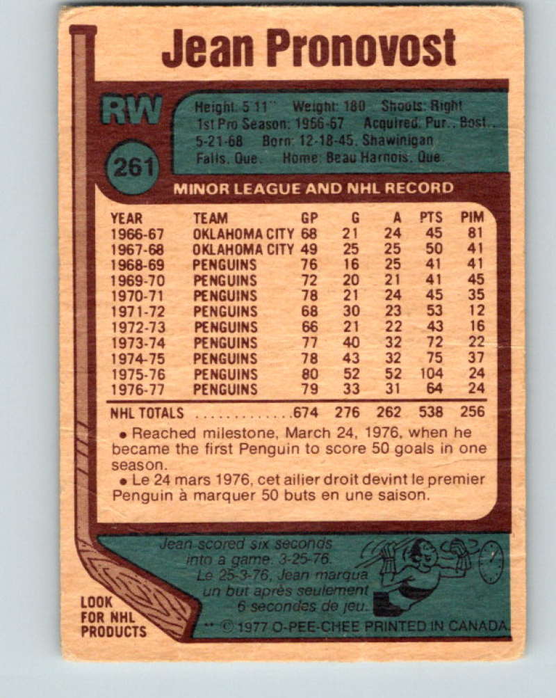 1977-78 O-Pee-Chee #261 Jean Pronovost NHL Penguins 9894 Image 2