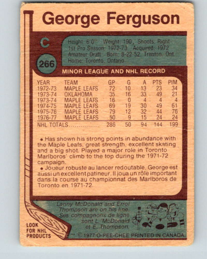 1977-78 O-Pee-Chee #266 George Ferguson NHL Maple Leafs 9899 Image 2