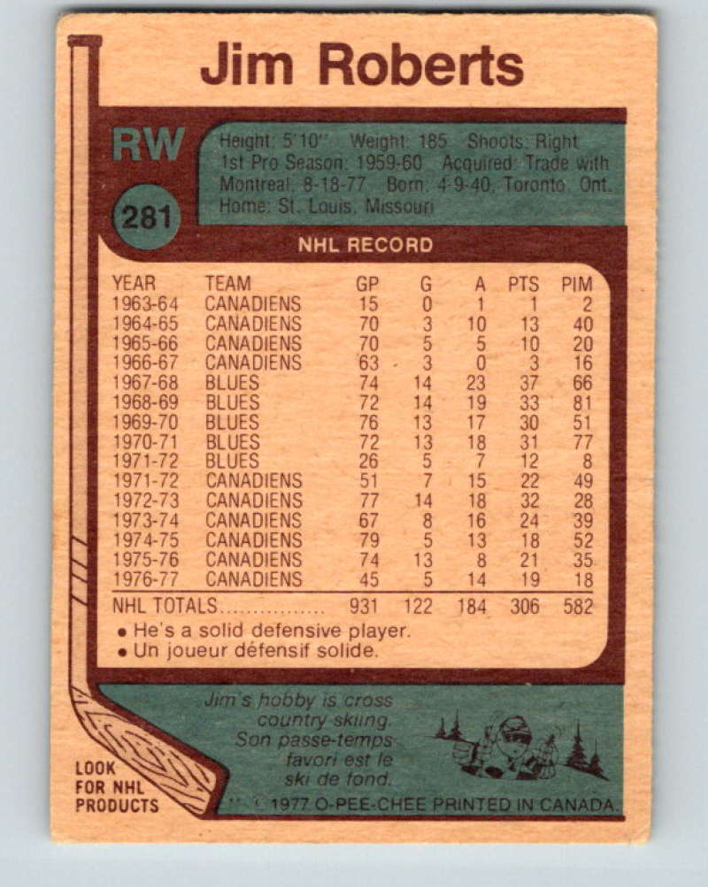 1977-78 O-Pee-Chee #281 Jim Roberts NHL Blues 9915 Image 2