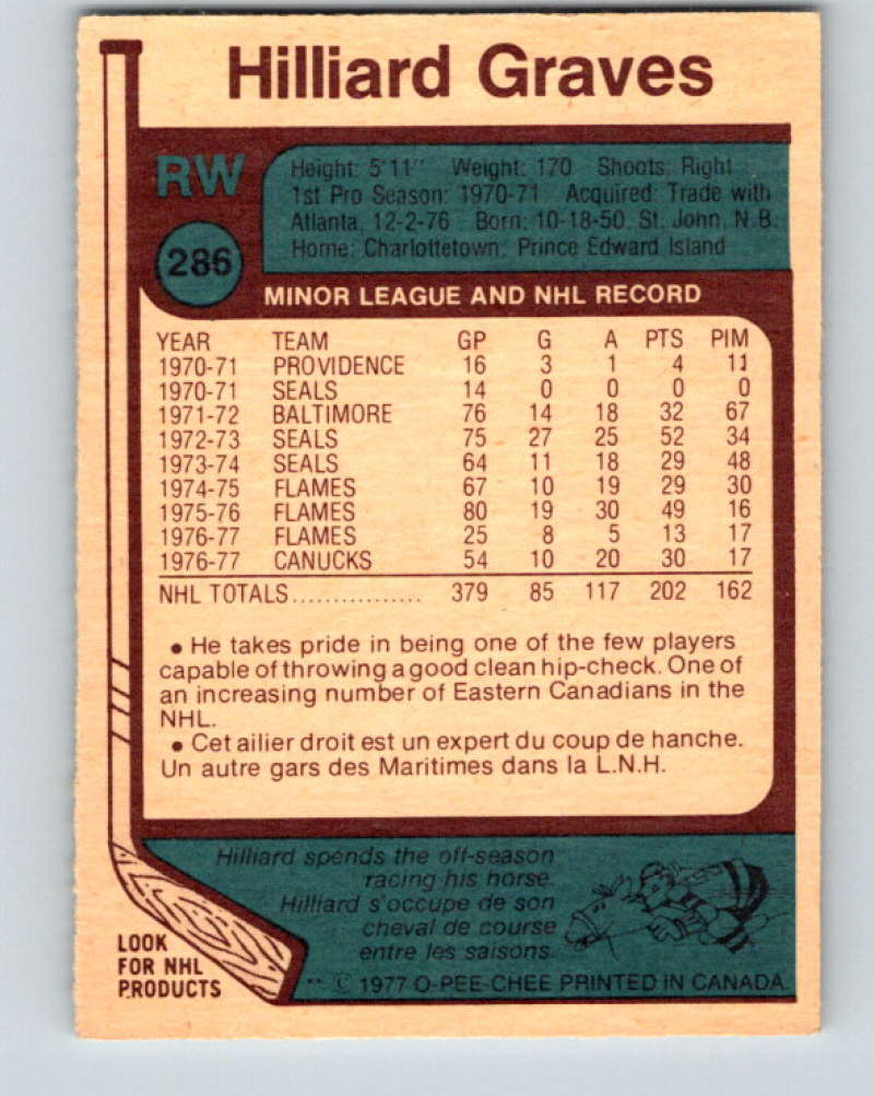 1977-78 O-Pee-Chee #286 Hilliard Graves NHL Canucks 9921 Image 2