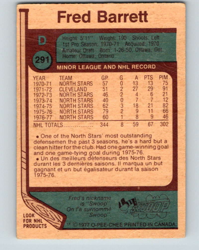 1977-78 O-Pee-Chee #291 Fred Barrett NHL North Stars 9926 Image 2