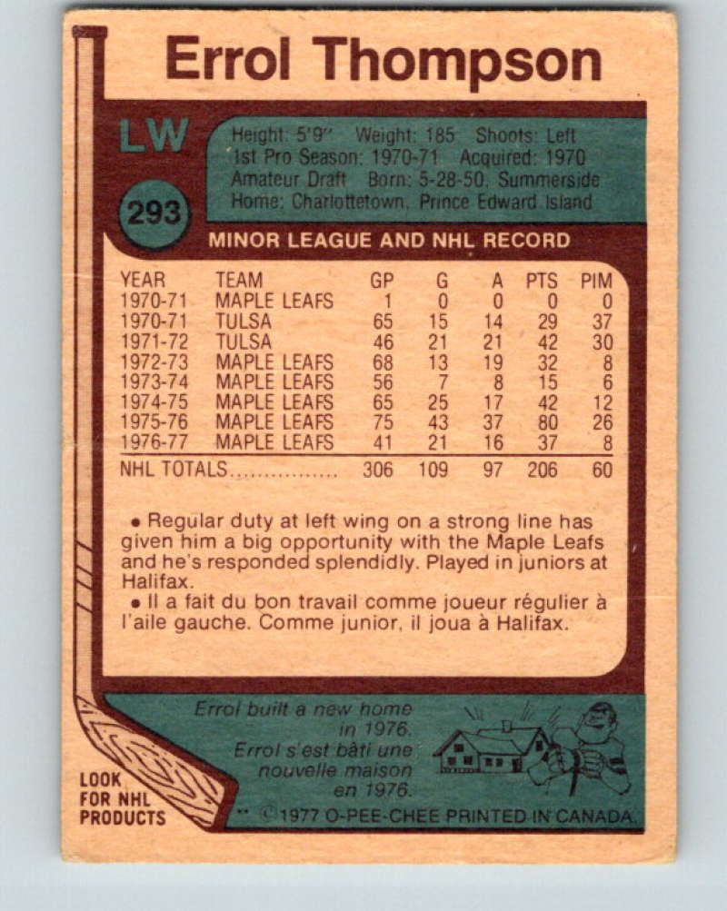 1977-78 O-Pee-Chee #293 Errol Thompson NHL Maple Leafs 9928