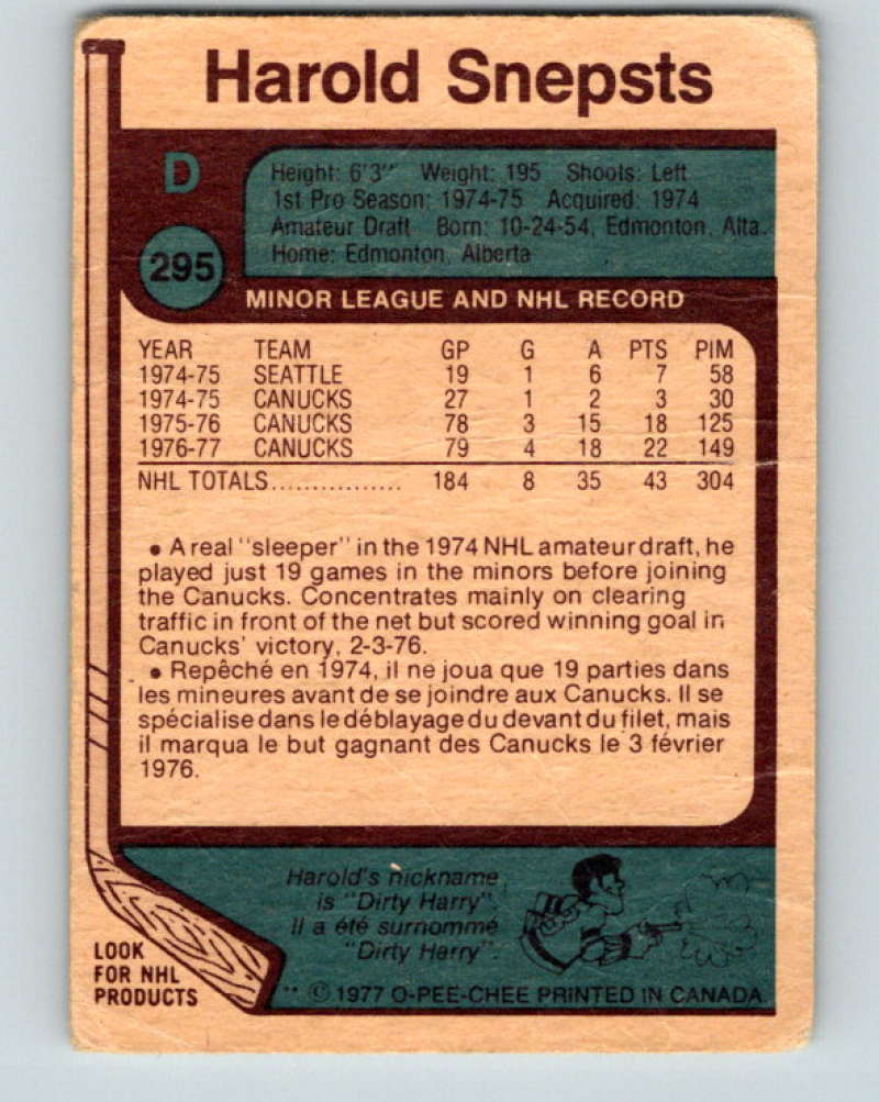 1977-78 O-Pee-Chee #295 Harold Snepsts NHL Canucks 9930 Image 2