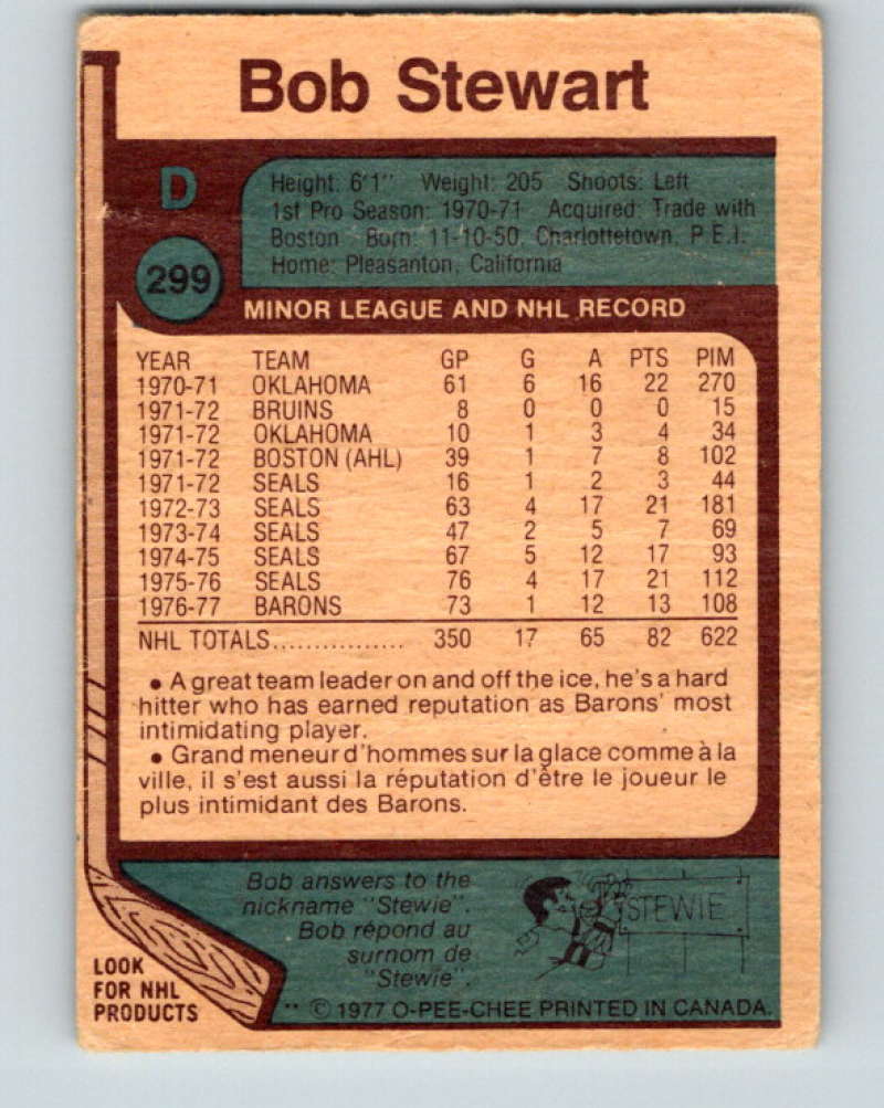 1977-78 O-Pee-Chee #299 Bob Stewart NHL Barons 9934 Image 2