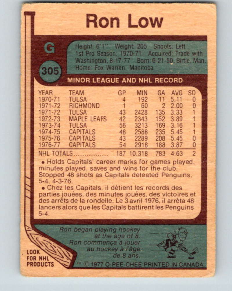 1977-78 O-Pee-Chee #305 Ron Low NHL Red Wings 9940 Image 2