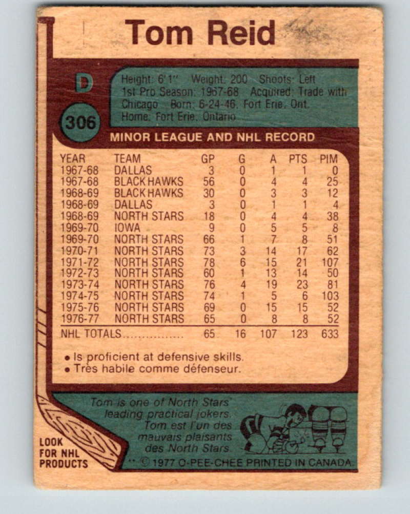 1977-78 O-Pee-Chee #306 Tom Reid NHL North Stars 9941 Image 2