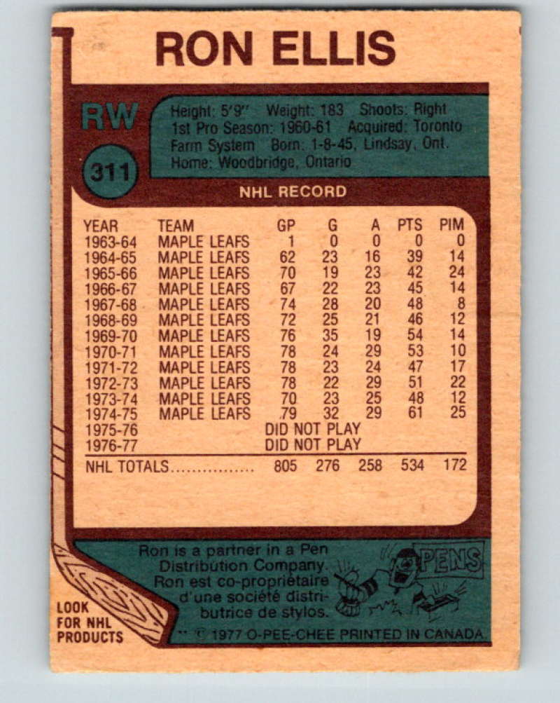 1977-78 O-Pee-Chee #311 Ron Ellis NHL Maple Leafs 9946
