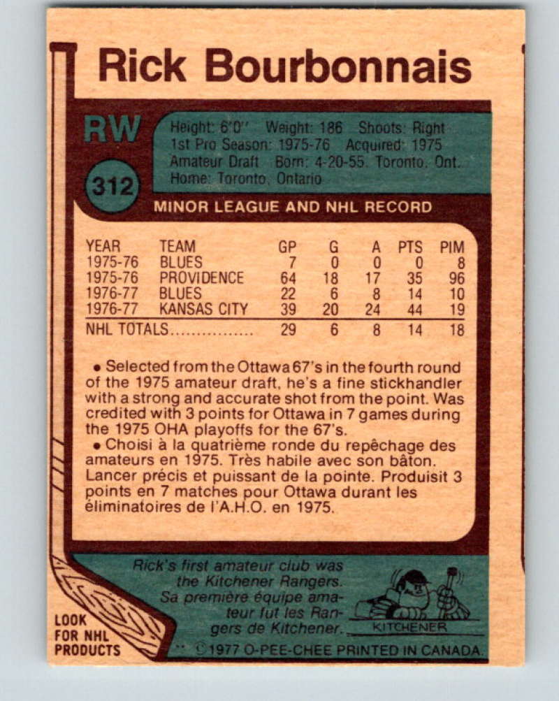 1977-78 O-Pee-Chee #312 Rick Bourbonnais NHL RC Rookie Blues 9947 Image 2