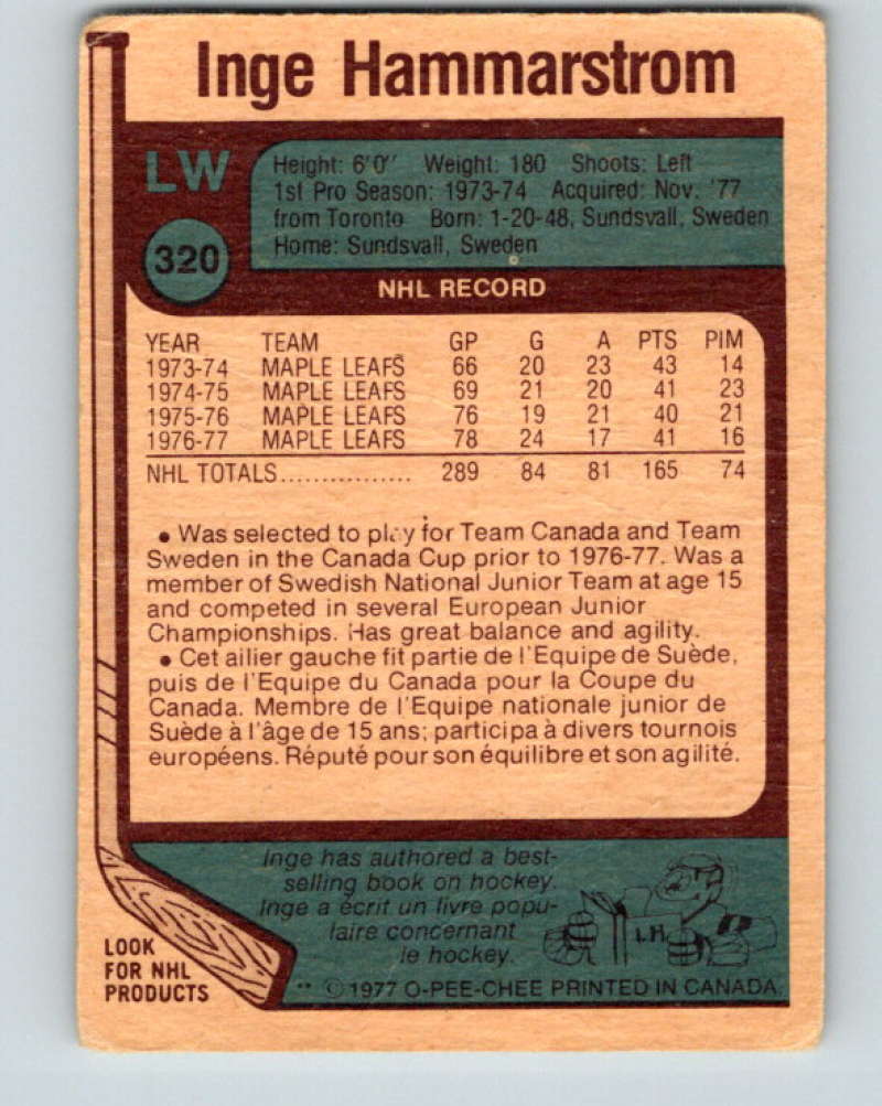 1977-78 O-Pee-Chee #320 Inge Hammarstrom NHL Blues 9955 Image 2
