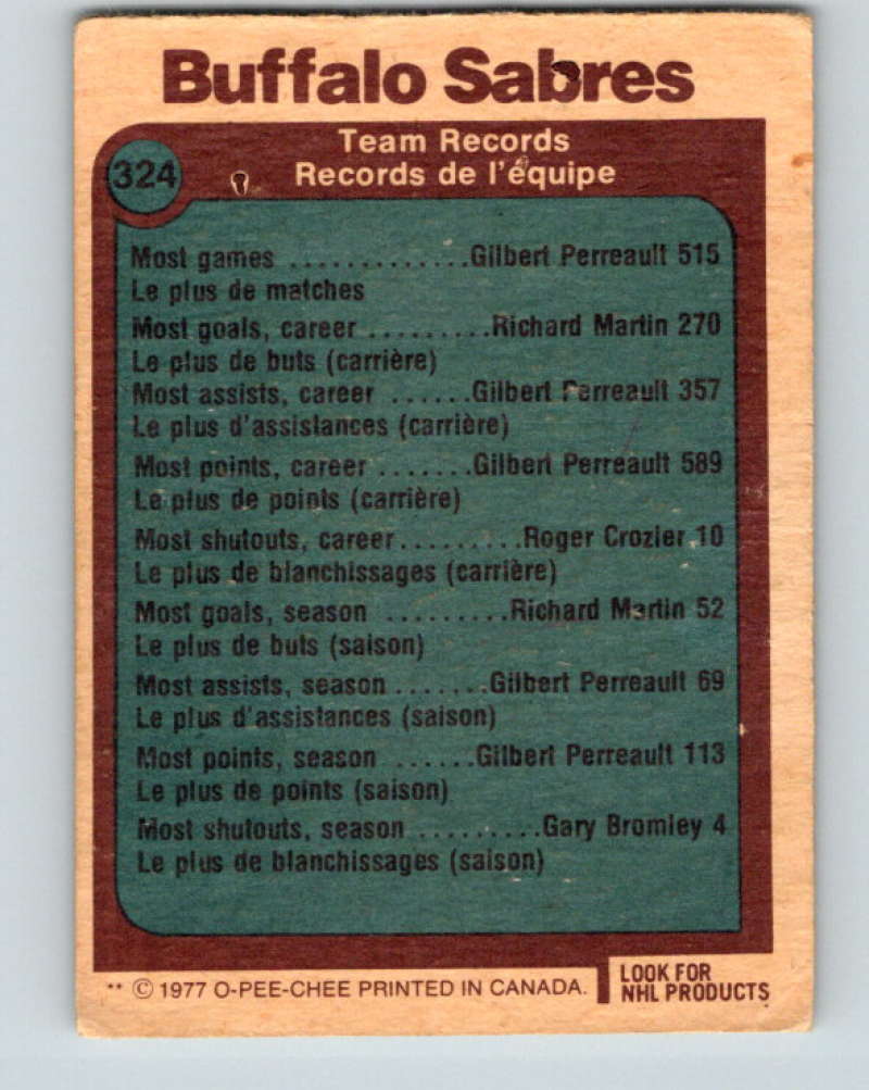1977-78 O-Pee-Chee #324 Buffalo Sabres Records NHL Sabres 9959 Image 2