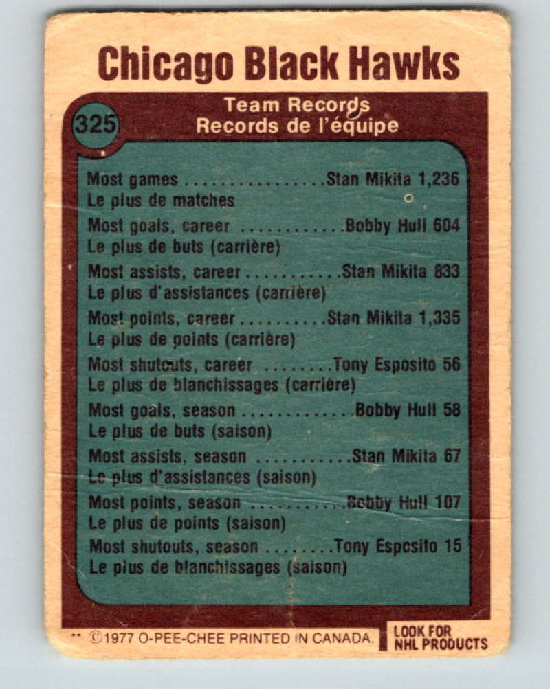 1977-78 O-Pee-Chee #325 Chicago Blackhawks NHL Blackhawks 9960 Image 2