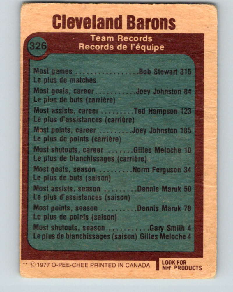 1977-78 O-Pee-Chee #326 Cleveland Barons Records NHL Barons 9961