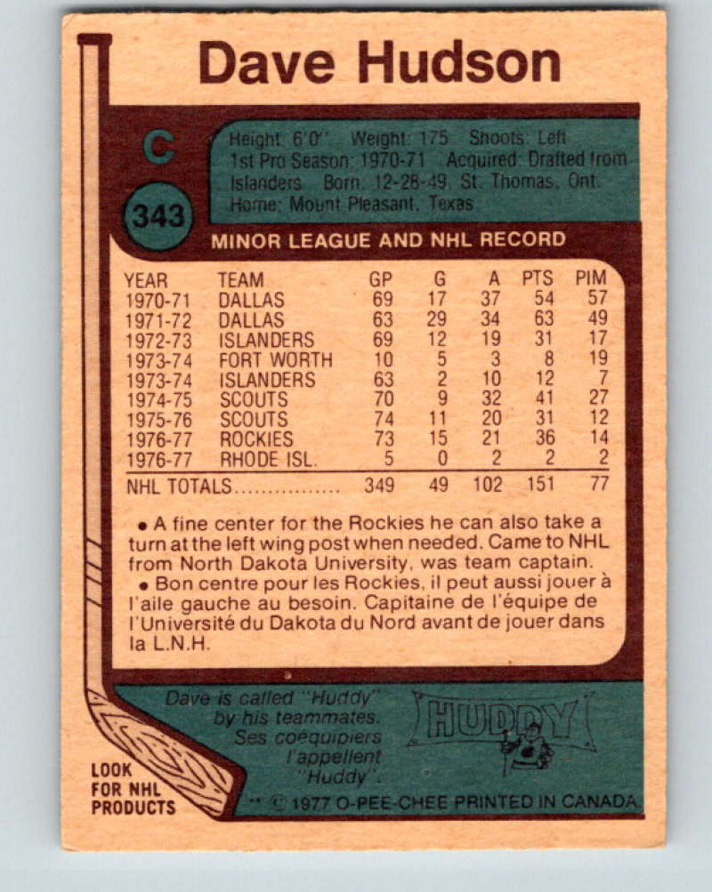 1977-78 O-Pee-Chee #343 Dave Hudson NHL Rockies 9978 Image 2
