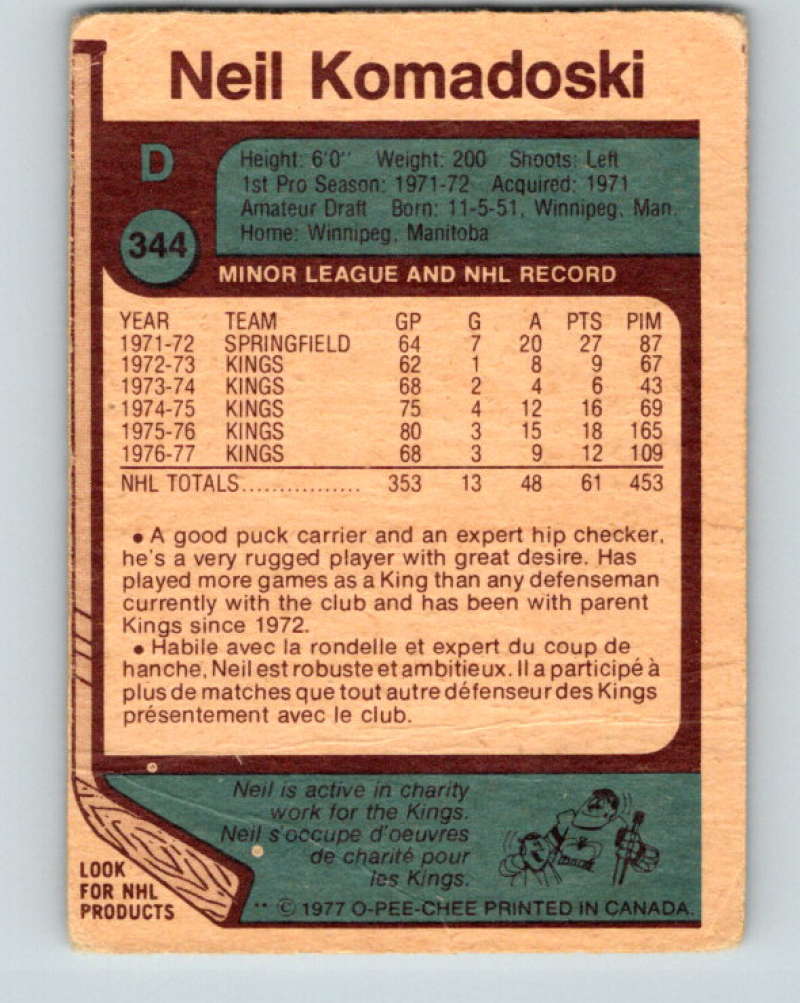 1977-78 O-Pee-Chee #344 Neil Komadoski NHL Kings 9979 Image 2