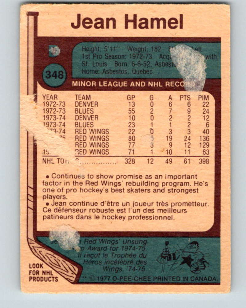 1977-78 O-Pee-Chee #348 Jean Hamel NHL Red Wings 9983 Image 2