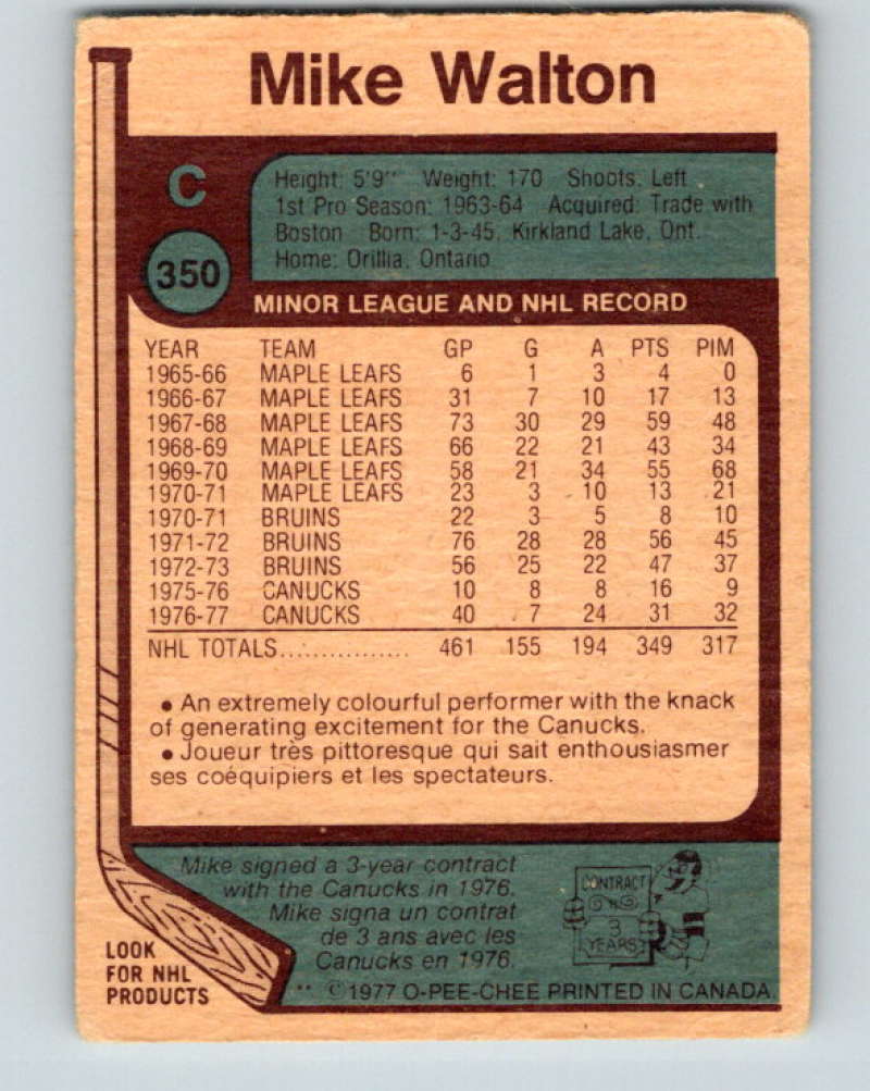 1977-78 O-Pee-Chee #350 Mike Walton NHL Canucks 9985