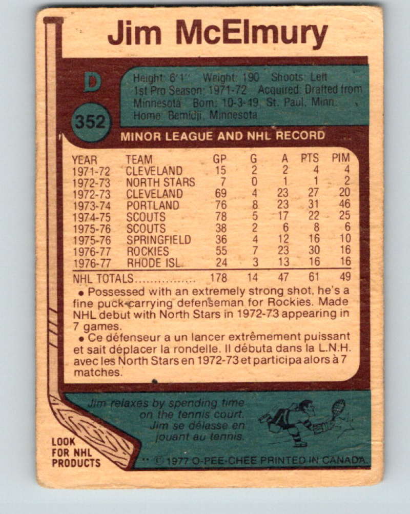 1977-78 O-Pee-Chee #352 Jim McElmury NHL Rockies 9987 Image 2