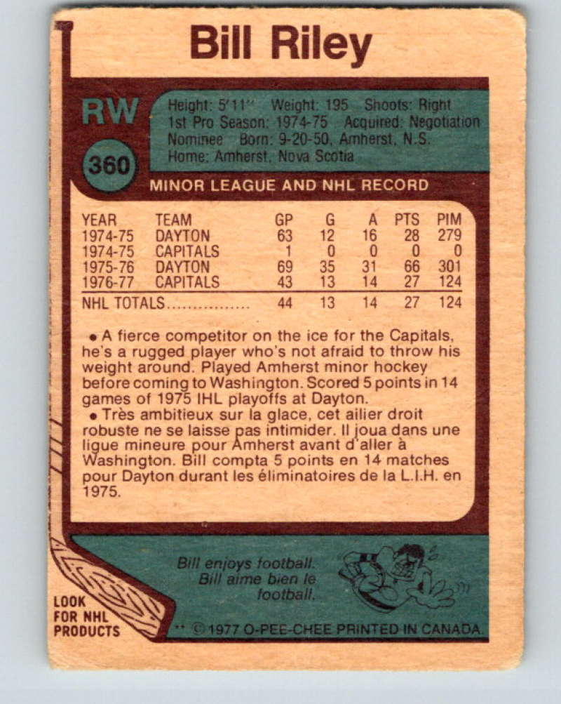 1977-78 O-Pee-Chee #360 Bill Riley NHL RC Rookie Capitals 9995 Image 2
