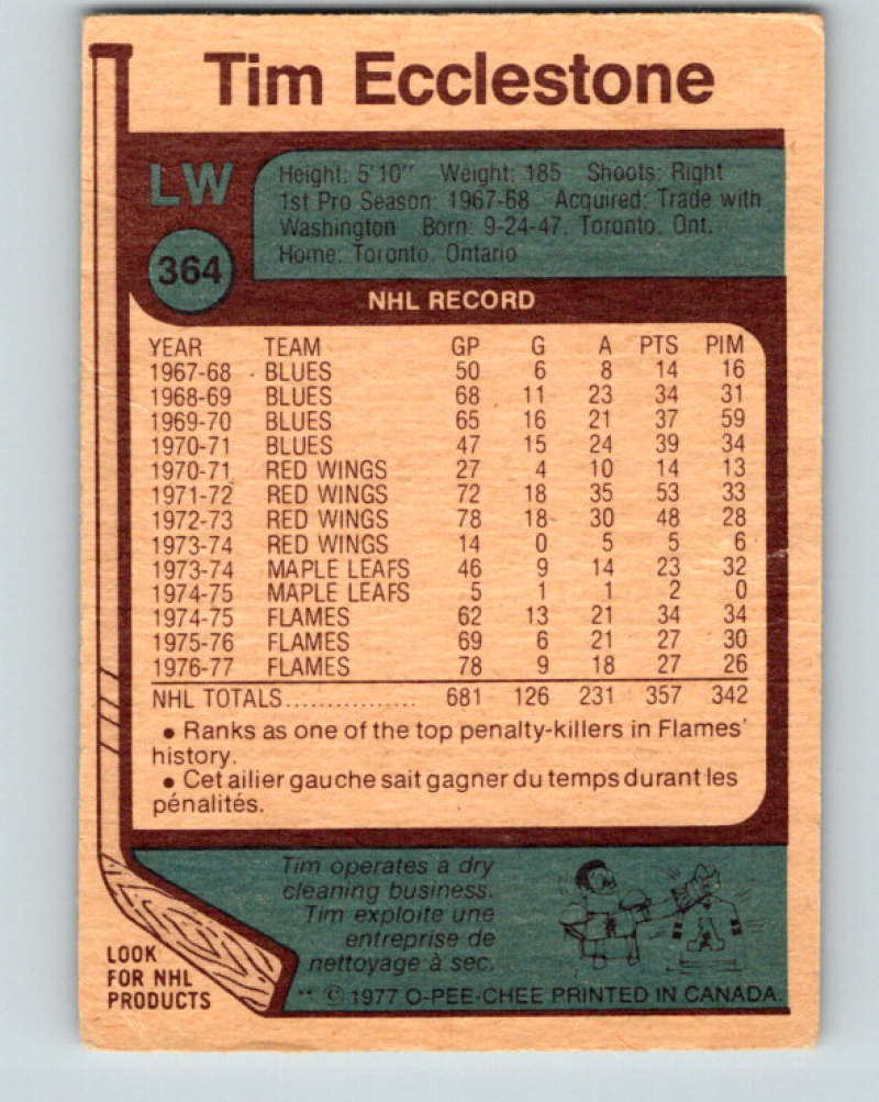 1977-78 O-Pee-Chee #364 Tim Ecclestone NHL Flames 10000 Image 2