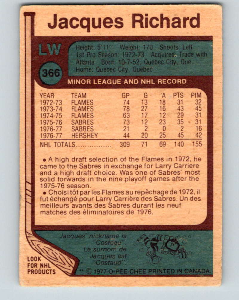 1977-78 O-Pee-Chee #366 Jacques Richard NHL Sabres 10002 Image 2