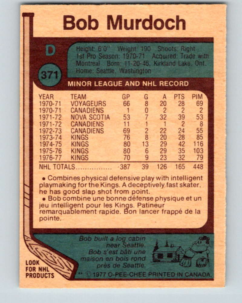 1977-78 O-Pee-Chee #371 Bob Murdoch NHL Kings 10007