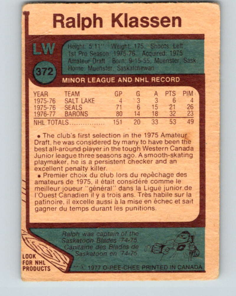 1977-78 O-Pee-Chee #372 Ralph Klassen NHL Barons 10008 Image 2