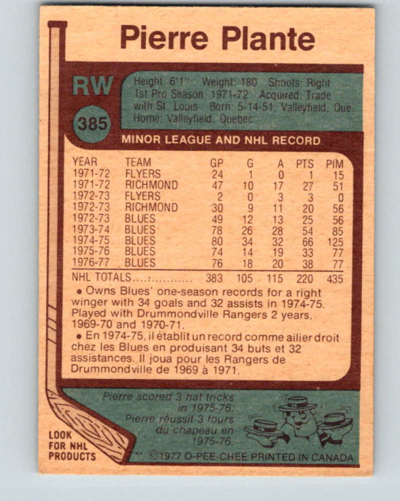 1977-78 O-Pee-Chee #385 Pierre Plante NHL Blackhawks 10122 Image 2