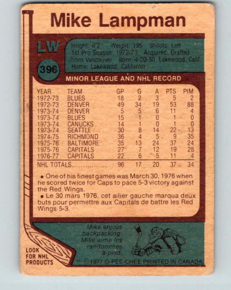 1977-78 O-Pee-Chee #396 Mike Lampman NHL Capitals 10133 Image 2