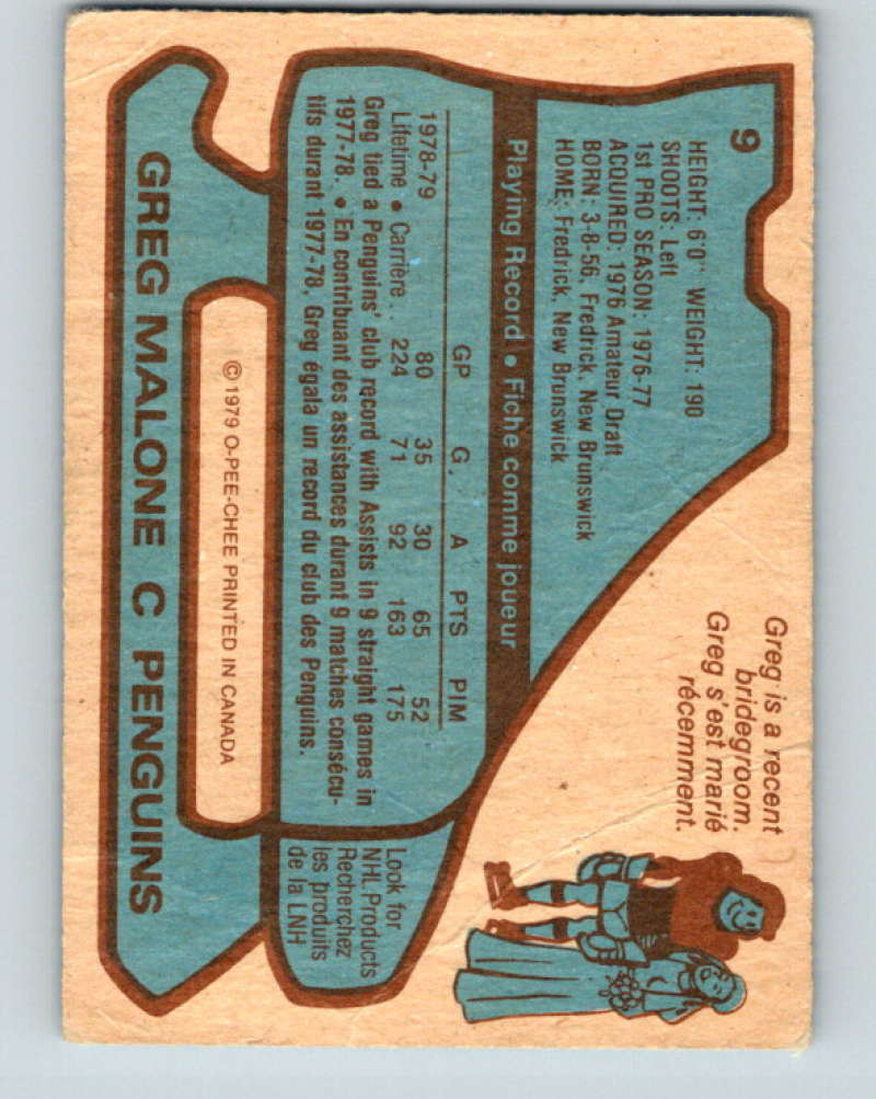 1979-80 O-Pee-Chee #9 Greg Malone NHL Penguins 10142