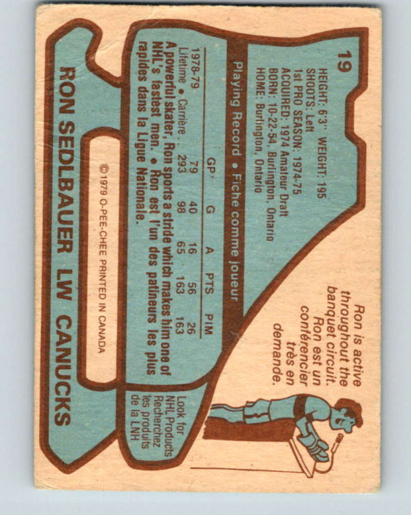 1979-80 O-Pee-Chee #19 Ron Sedlbauer NHL Canucks 10158