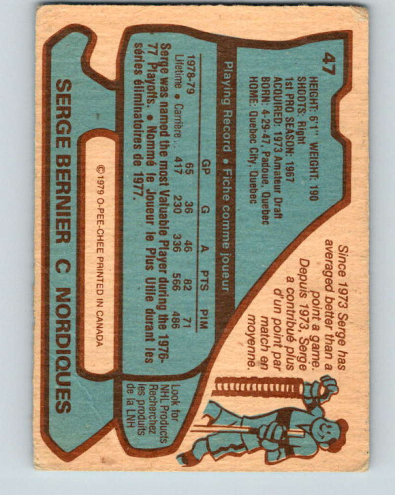 1979-80 O-Pee-Chee #47 Serge Bernier NHL Nordiques 10195
