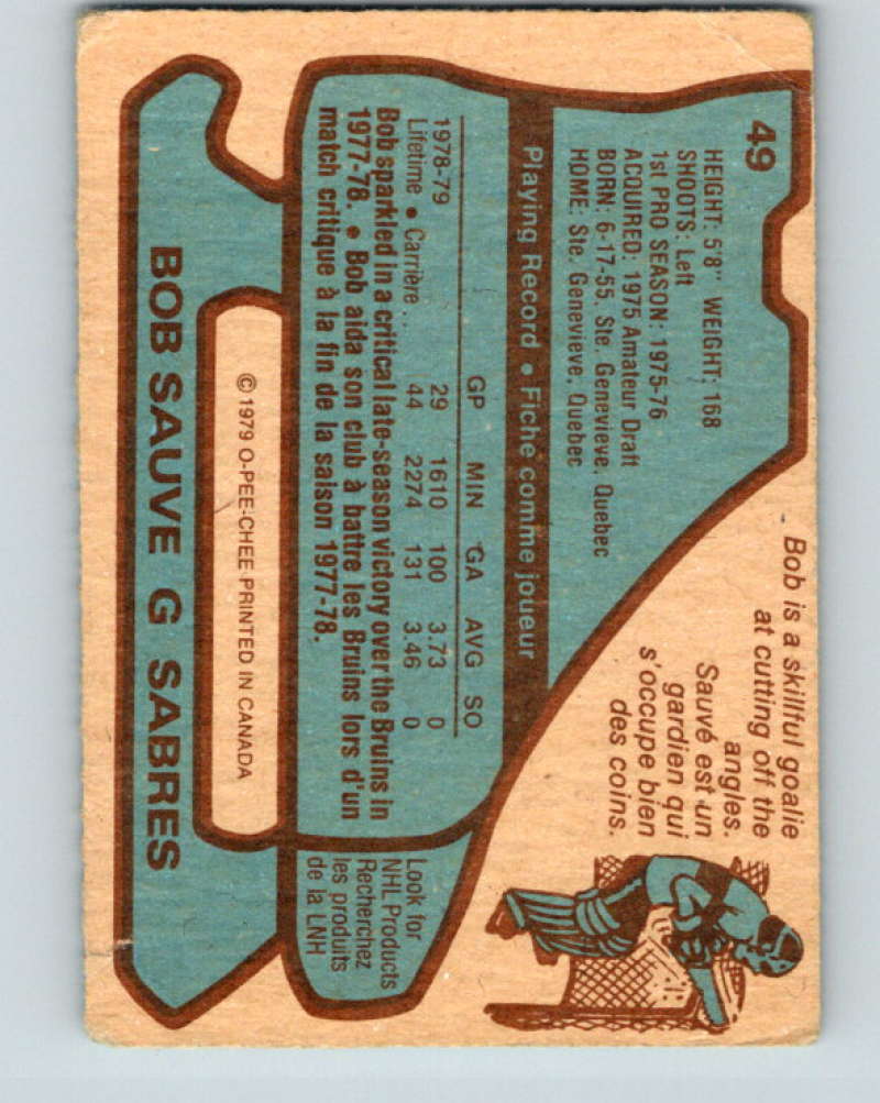 1979-80 O-Pee-Chee #49 Bob Sauve NHL Sabres 10197