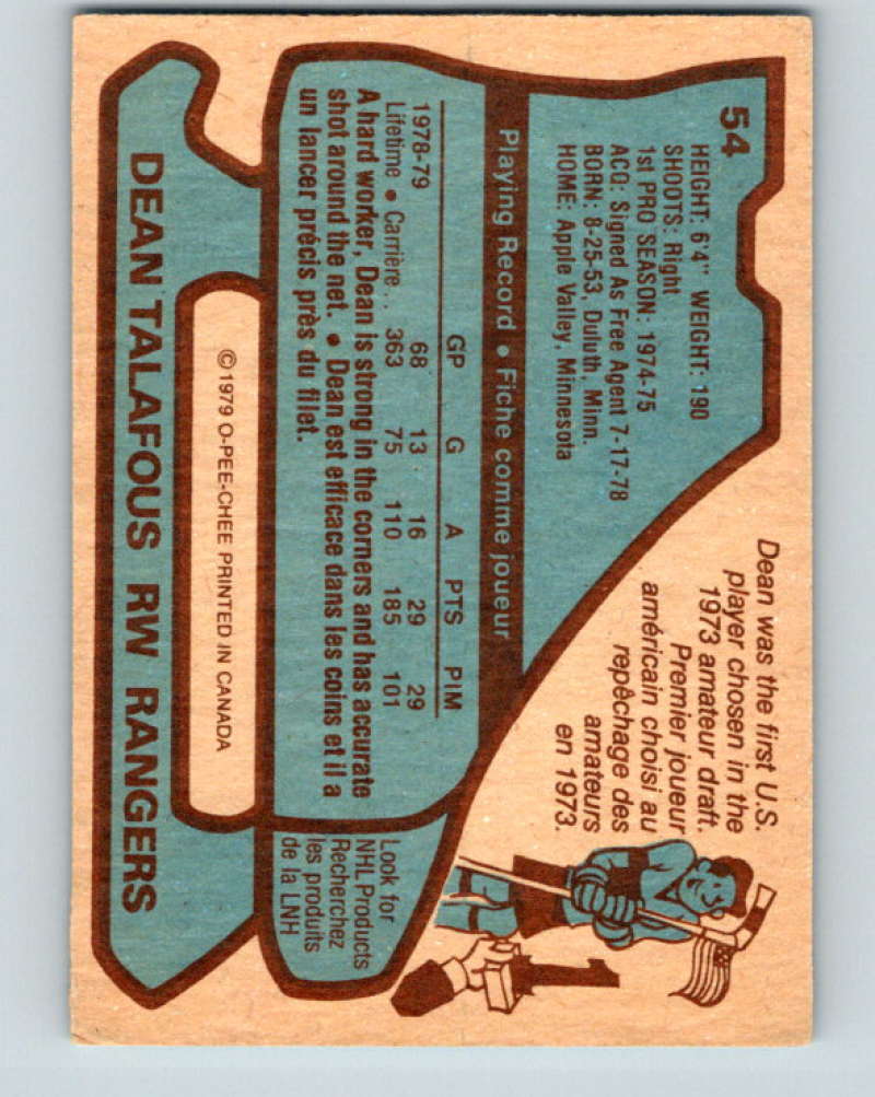 1979-80 O-Pee-Chee #54 Dean Talafous NHL NY Rangers 10203