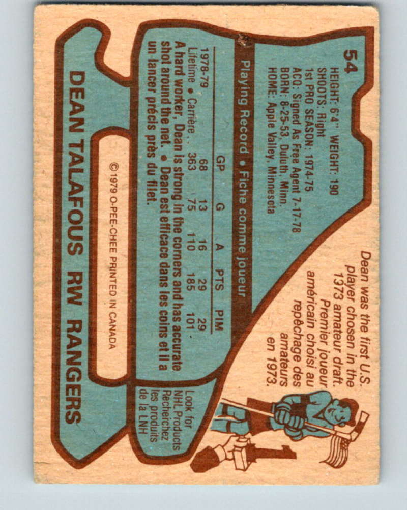 1979-80 O-Pee-Chee #54 Dean Talafous NHL NY Rangers 10204