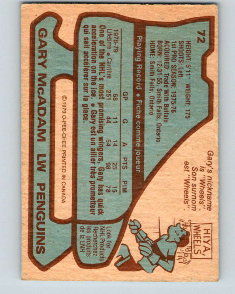 1979-80 O-Pee-Chee #72 Gary McAdam NHL Penguins 10225