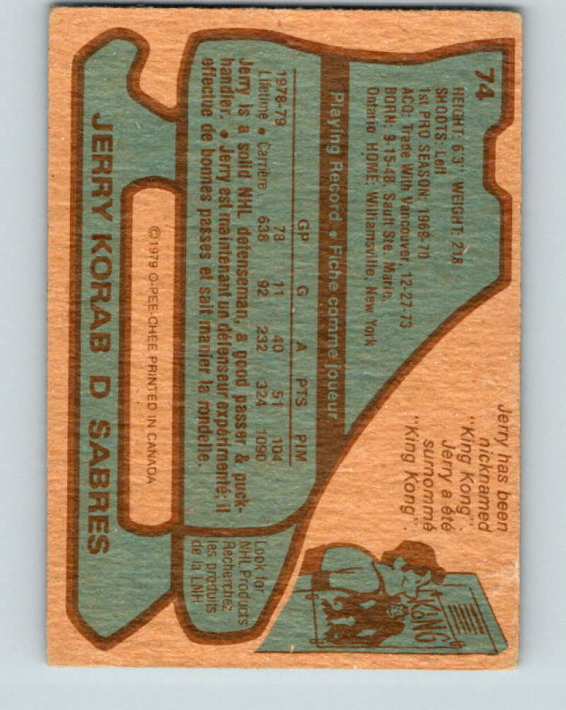 1979-80 O-Pee-Chee #74 Jerry Korab NHL Sabres 10228