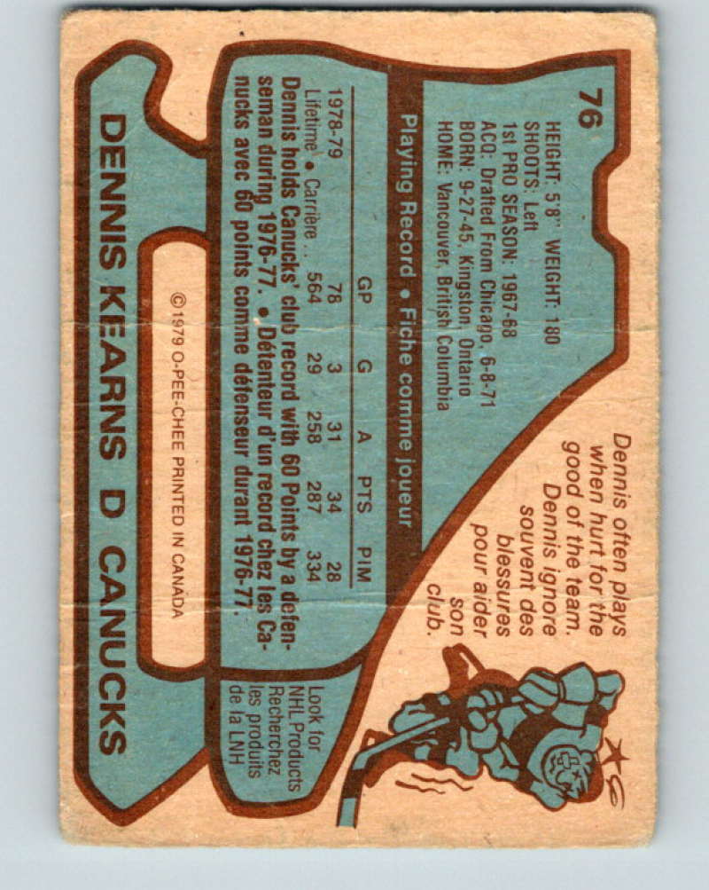 1979-80 O-Pee-Chee #76 Dennis Kearns NHL Canucks 10230
