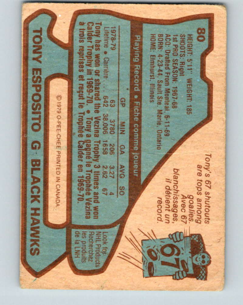 1979-80 O-Pee-Chee #80 Tony Esposito NHL Blackhawks 10234
