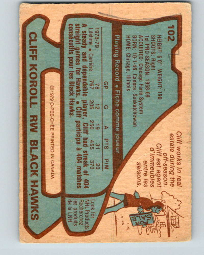 1979-80 O-Pee-Chee #102 Cliff Koroll NHL Blackhawks 10263