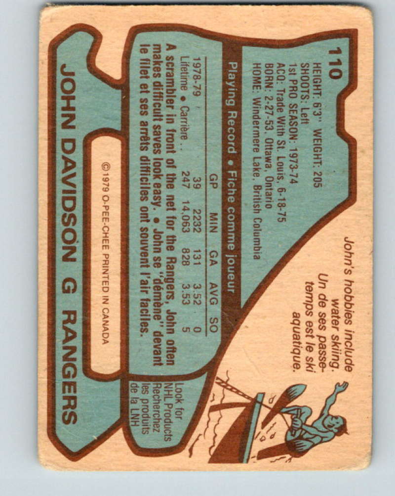1979-80 O-Pee-Chee #110 John Davidson NHL NY Rangers 10272