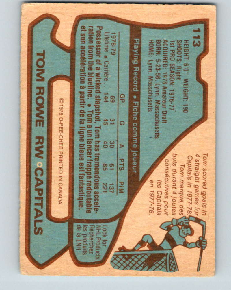 1979-80 O-Pee-Chee #113 Tom Rowe NHL RC Rookie Capitals 10275