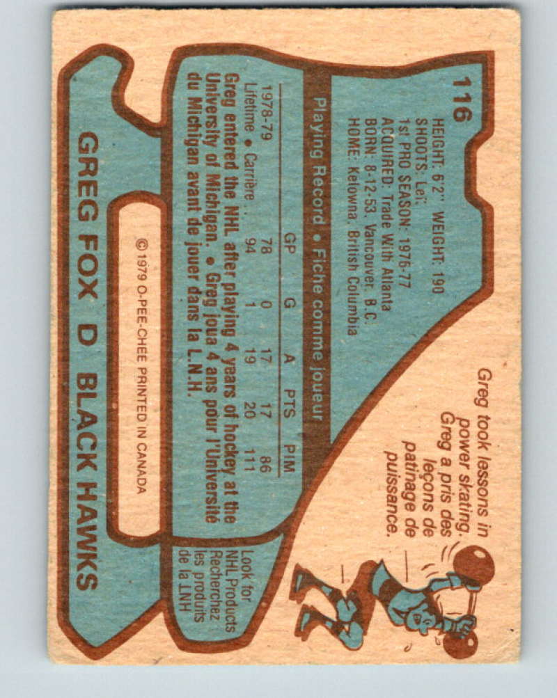 1979-80 O-Pee-Chee #116 Greg Fox NHL RC Rookie Blackhawks 10279