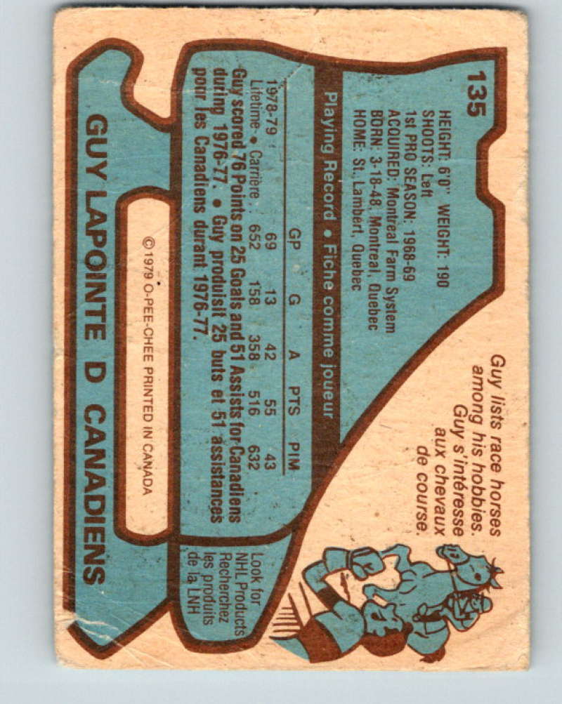 1979-80 O-Pee-Chee #135 Guy Lapointe NHL Canadiens 10305