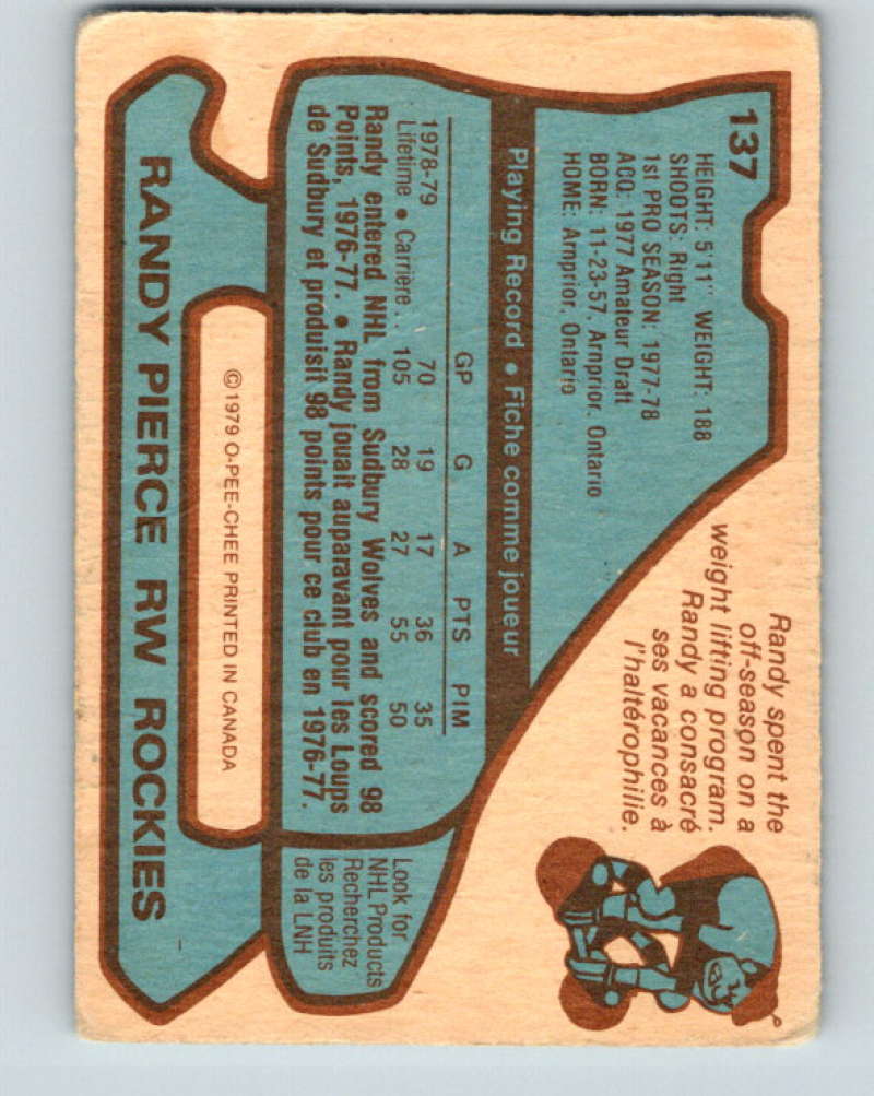 1979-80 O-Pee-Chee #137 Randy Pierce NHL RC Rookie Rockies 10308