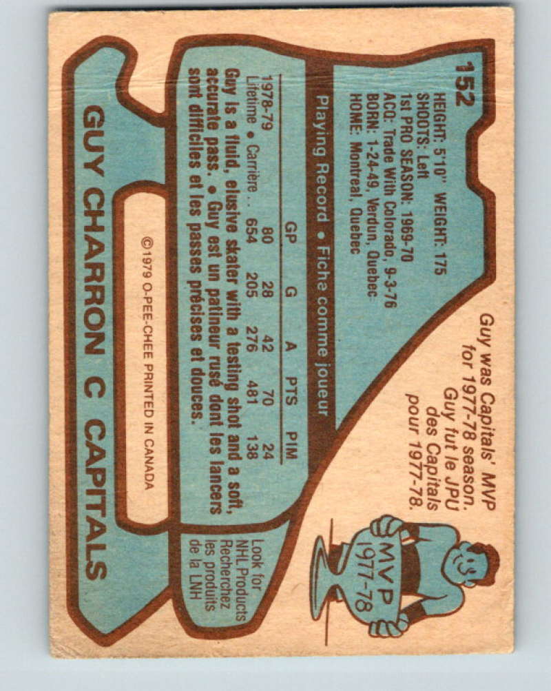 1979-80 O-Pee-Chee #152 Guy Charron NHL Capitals 10325